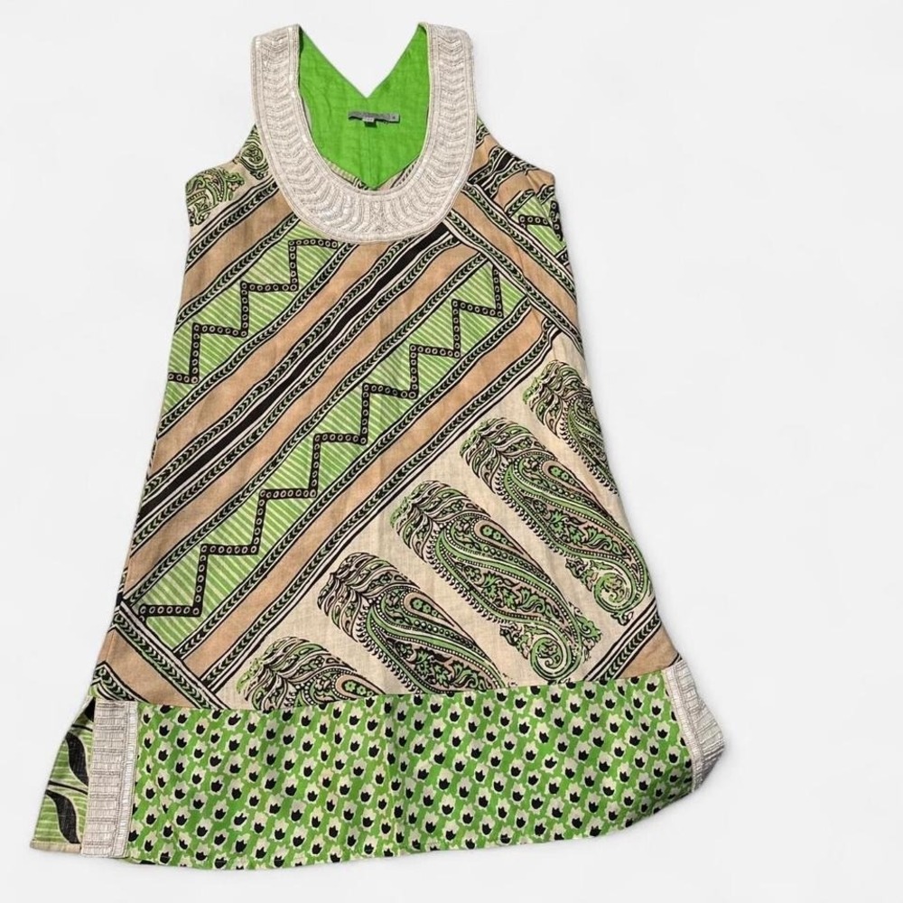 Calypso St. Barth Beaded Tunic Dress‎ | Size 4 | Green Boho Patchwork